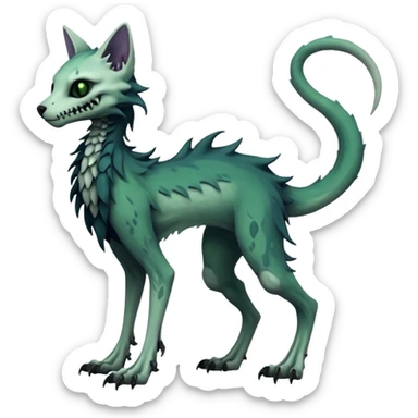 scaley Macabre spectral spooky dark bleak blackish swampy white-skeletal gloomy ghostly dark greyish dark-deep-greenish foggy eldritch beautiful realistic edgy fantasy ghoul-like zombie-like stitched feline-vernid-sergal-fursona animal creature with a tufted tail full body with intricate markings  sticker