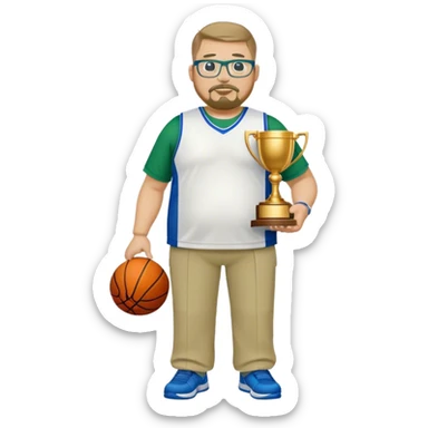 full body white obese male basketball coach with trophy. Goatee , Wearing glasses and blue and green polio with khaki pants sticker