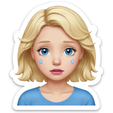 Girl Blonde short wavy hair,  blue eyes, cute blue top, long lashes, pink lips,crying with tears running down the face  sticker