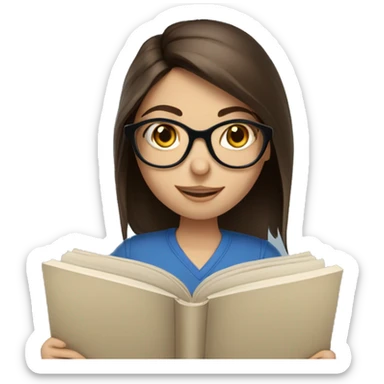 Medium length brunette haired blue eyed girl reading a book and wearing glasses sticker