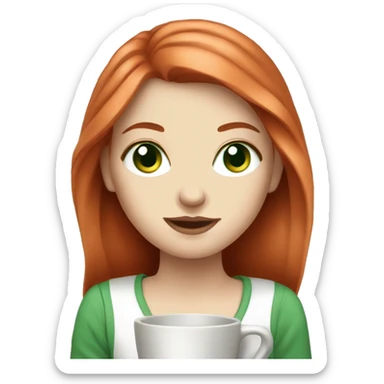 White girl long red hair with green eyes and coffee  sticker
