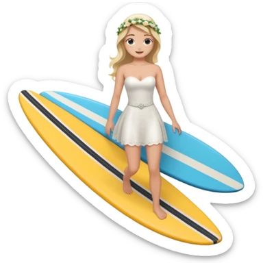 Bride holding her phone and long sholve. Under her feet, there is a surfing board. sticker