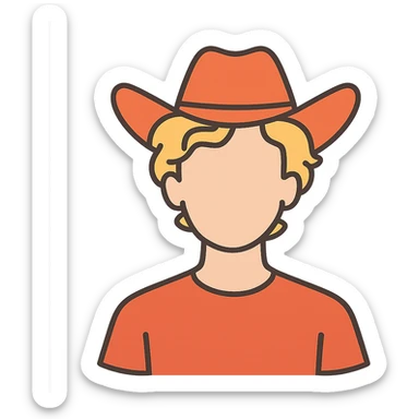 flat toon style young man with wavy blonde hair, blank face, orange cowboy hat sticker