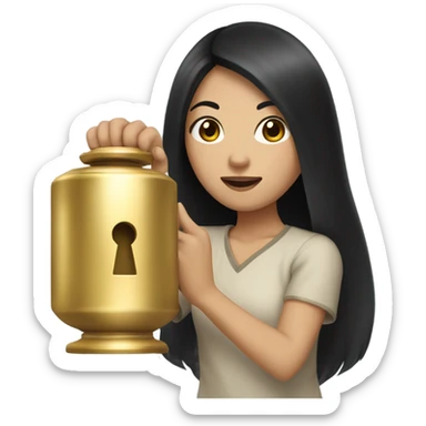 asian girl with long black hair holding a golden doorknob sticker