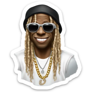 Iconic-style Candid Likeness Lil Wayne:

A laid-back icon with oversized shades, layered chains, tattoos, and a diamond-studded grill, often flashing a big, expressive smile. Cool, confident, and effortlessly stylish. a sticker