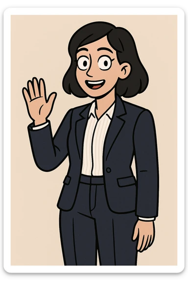 A woman black hair white Villeta Herringbone Shirt Navy Cannes Tailored Fit Jacket jackets Navy Rosalind High Waist Trouser a hand say hello sticker