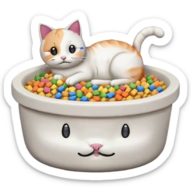 in the style of pixel art, make a cat pet food bowl for a cat. In the bowl is white cat food which is piled so high on top of the bowl. There are small pieces of rainbow food in the bowl too. Take away the cat from on top of the bowl sticker