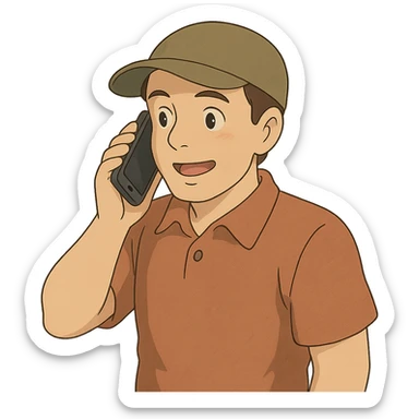 A Caucasian man wearing a cap talking on a mobile phone sticker