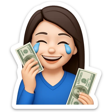 Make the brunette girl smile instead, drying her tears with money bills, holding cash to her face, in emoji style, no background. sticker