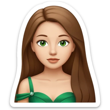 Adult woman avatar, light skin tone, oval face, straight long brown hair, green eyes, neutral mouth, elegant  sticker