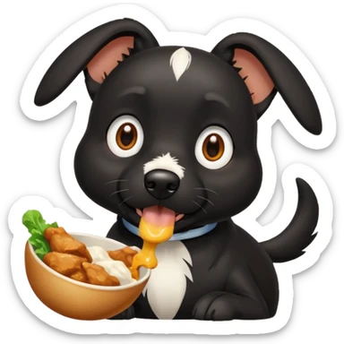 Can you create a black dog with a white stripe chasing it’s own tails and eating chicken sticker