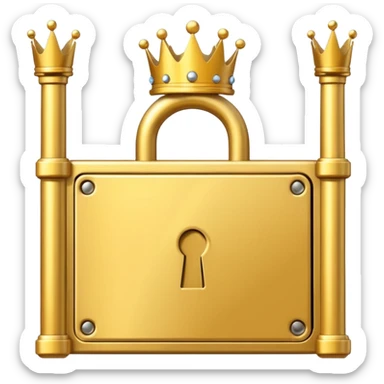 Golden padlock with a crown icon blocking a gate, flat UI illustration premium style. sticker