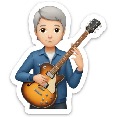 a short grey hair, middle age metal head with a classic epiphone eletric guitar sticker