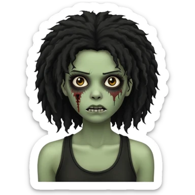a female zombie with sage green skin, black long afro afro hair with edges, and a black tank top  sticker