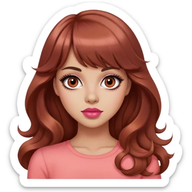 pretty woman, popular mean girl, light tan skin, big black eyes, long wavy reddish brown hair, bangs, pink top, coral lipstick sticker