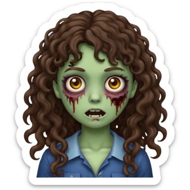 Emoji garota zombie com cabelo castanho escuro cacheado longo com franja cacheada sem volume sticker