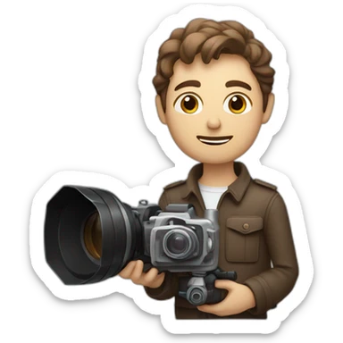 European film director with brown piled short hair holding a cinema camera sticker