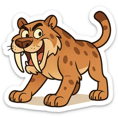 Smilodon sabretooth tiger, stylized cartoon, exaggerated fangs, playful pose sticker
