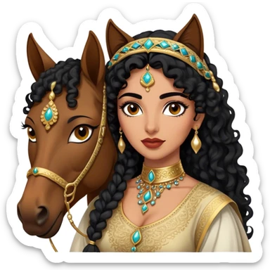Middle Eastern woman with black curly hair and well defined eyebrows and full lips and black cat eyeliner long lashes  wearing a traditional dress holding into a Arabic horse  sticker
