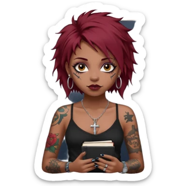 generate an ios genmoji of a girl with dark red messy hair with eyeliner on her eyes.  septum piercing, wearing a cami black top, has tattoos, on shoulders. ear piercings. wearing a cross silver necklace. Holding an overfilled sketchbook. dusky skin color. Holding redbull in the other hand sticker