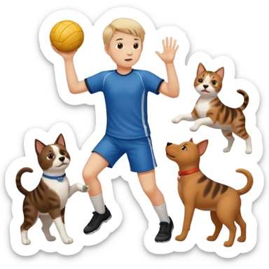 ragazzo basso  che gioca a pallamano circondato da cani e gattu sticker