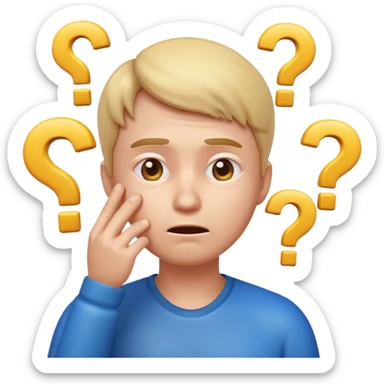 3D glossy emoji of a confused person feeling lost, hand on chin, raised eyebrow, looking up, small question marks around head, faint maze background, soft gradient, centered, transparent background.\ sticker