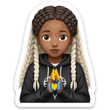 African American girl dark skin with long box braids and plain black hoodie with prayer hands sticker