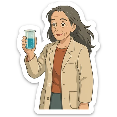 woman science teacher with long graying hair, holding a beaker, in ghibli style sticker