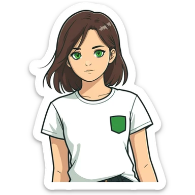 Make an girl with brunette hair green eyes and with an white t-shirt sticker