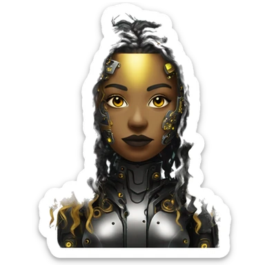 black metal female cyborg head with circuitry and yellow gold curly hair sticker
