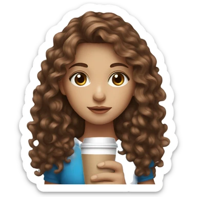 girl with fair skin long brown curly hair and blue eyes drinking a coffee sticker