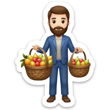 full body man long brown hair brown eyes medium beard white skin holding basket of strange glowing fruits sticker