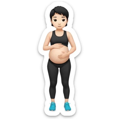 pregnant asian boy with short messy black hair wearing a sports bra with leggings holding his belly sticker