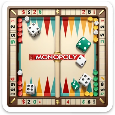 A photorealistic icon featuring a backgammon board with dice, a Monopoly board with money and property cards and a Game of Life spinner. The design captures the detailed textures of the boards, pieces, and accessories. Transparent background. sticker