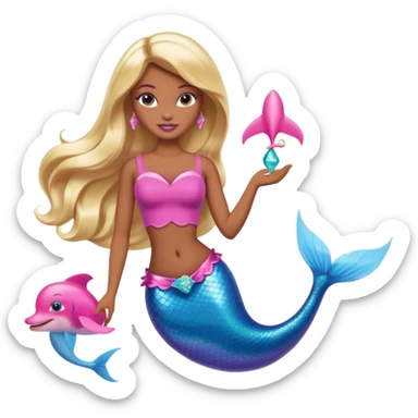 Brown skin blonde hair barbie mermaid with pink dolphin  sticker