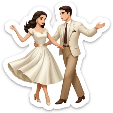 Beautiful woman in 1950’s woman fashion look, white dress, long dark brown hair, balboa couple dance  sticker
