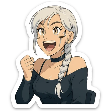 she making a emphatically happy excited facial expression, a closeup portrait of young woman with gold yellow eyes, white hair, long braid, black off-shoulder top d-cup, punk gothic style, futuristic cyberwave cyberpunk, sitting position sticker