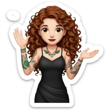 full body view of a woman with long curly brown hair, brown eyes, white skin, tattoos, slow sarcastic clap, glowing leaves falling sticker