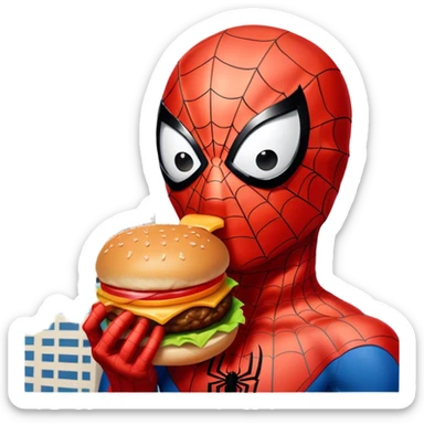 spider man eating burger with bulding glith sticker