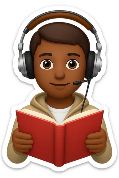 Add headphones to the audio book lover emoji, keeping the background transparent. Maintain the original style and details of the emoji while adding the headphones clearly visible on the head. sticker