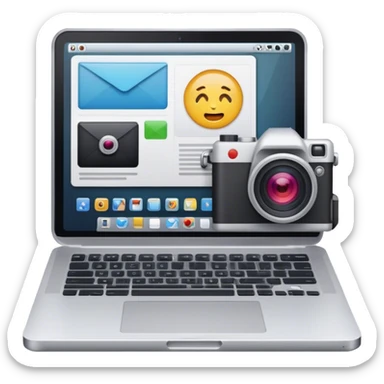 Create an emoji of blogging. The design should feature an open laptop or tablet with a visible blog post on the screen, showing text. Add a photo or video camera to symbolize multimedia content creation. Use modern, professional colors. No smiles. Make the background transparent. sticker