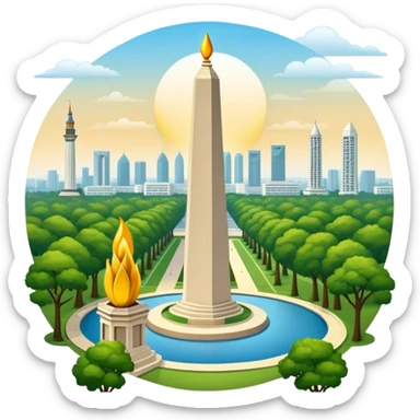 Cinematic Realistic Monas Landmark Emoji, showcasing the National Monument in Jakarta, a towering obelisk with a golden flame, set within a lush park under a clear, radiant sky. sticker