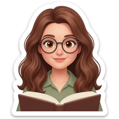 detailed emoji illustration of a curvy woman with long chestnut brown wavy hair, light brown eyes and round glasses reading a book with an emotional expression, touched by the story, emoji style sticker