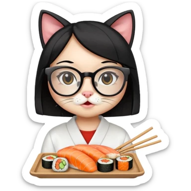 cute girl cat with straight hair and really big square glasses with super thin frames eating sushi sticker