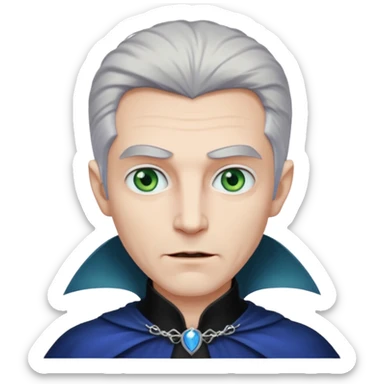 A tall vampire man with gray hair and blue eyes. A princess with light brown hair and green eyes sticker