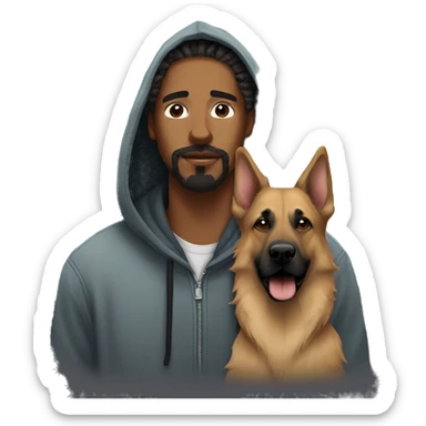 man with dreadlocks, mustache and goatee dressed in a hoodie alongside a brindle colored german shepherd dog sticker
