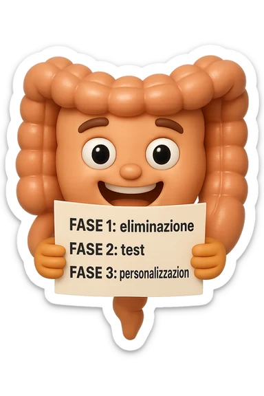 emoji stile iphone 3d di un intestino che tiene in mano un foglio con la scritta "FASE 1: eliminazione, FASE 2: test, FASE 3: personalizzazione, IPERREALISTICO 4K sticker