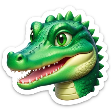 Cinematic Cute Crocodile Portrait Emoji, Head tilted playfully and inquisitively, featuring a smooth, glossy emerald-green hide with subtle textured scales and round, sparkling eyes filled with curious mischief, Simplified yet irresistibly adorable features, highly detailed, glowing with a warm, friendly glow, high shine, affectionate and surprisingly charming, stylized with a touch of wild whimsy, bright and endearing, soft glowing outline, capturing the essence of a mischievous yet lovable crocodile, so playful it feels like it could snap out of the screen into your arms! sticker