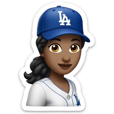 Woman, black hair, fair skin, brown eyes, LA Dodgers hat, birthday party sticker