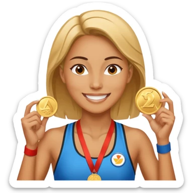 Beautiful woman marathon runner receiving medal  sticker